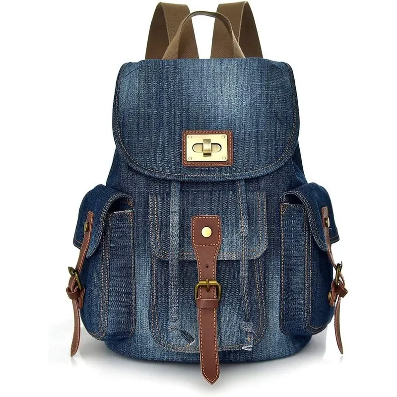 Mochila, mochila jeans vintage de lona com vários bolsos para laptop de 14 polegadas para mochila casual, escola e viagens