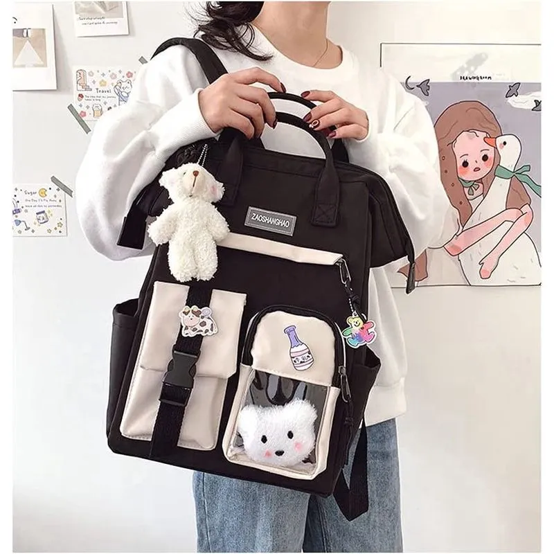 Mochila Kawaii com alfinete e acessórios Kawaii, lindas mochilas escolares Kawaii para meninas adolescentes (preta)