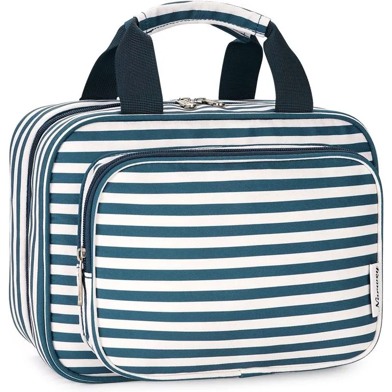 Bolsa grande de higiene pessoal suspensa Bolsa de maquiagem de viagem Organizador de cosméticos para mulheres e meninas (listra azul (atualização))