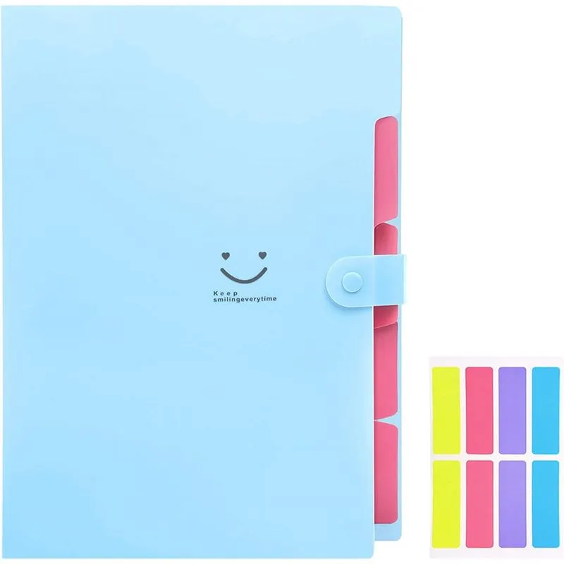 Pasta de arquivo expansível 5 bolsos, organizador de documentos acordeão de papel carta A4 (azul)