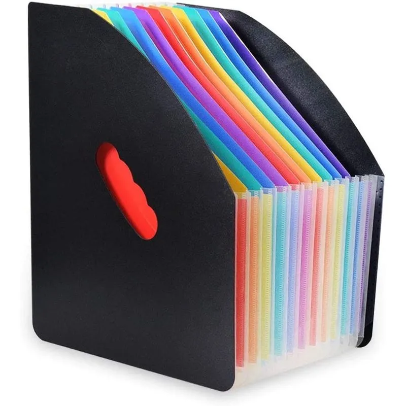 Pastas de arquivo tamanho carta arco-íris expansível arquivamento armazenamento de documentos 13 bolsos organizador papel A4 para escritório escolar capa preta com bolsos coloridos