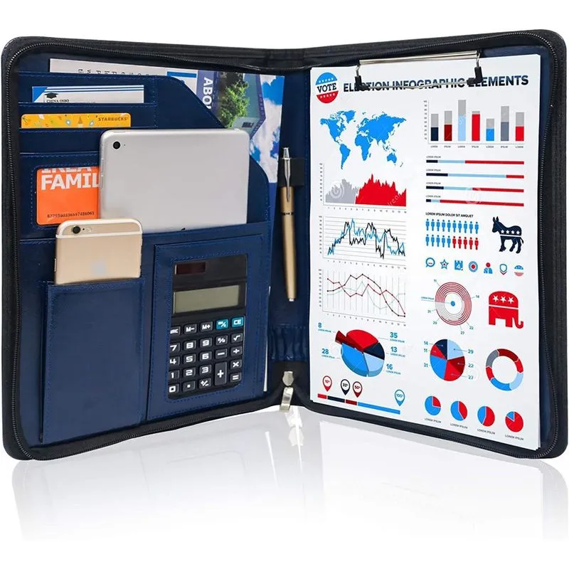 Portfólio com zíper de negócios Padfolio pu Leather Folder Entrevista Currículo Organizador de documentos legais com tamanho A4 Prancheta azul