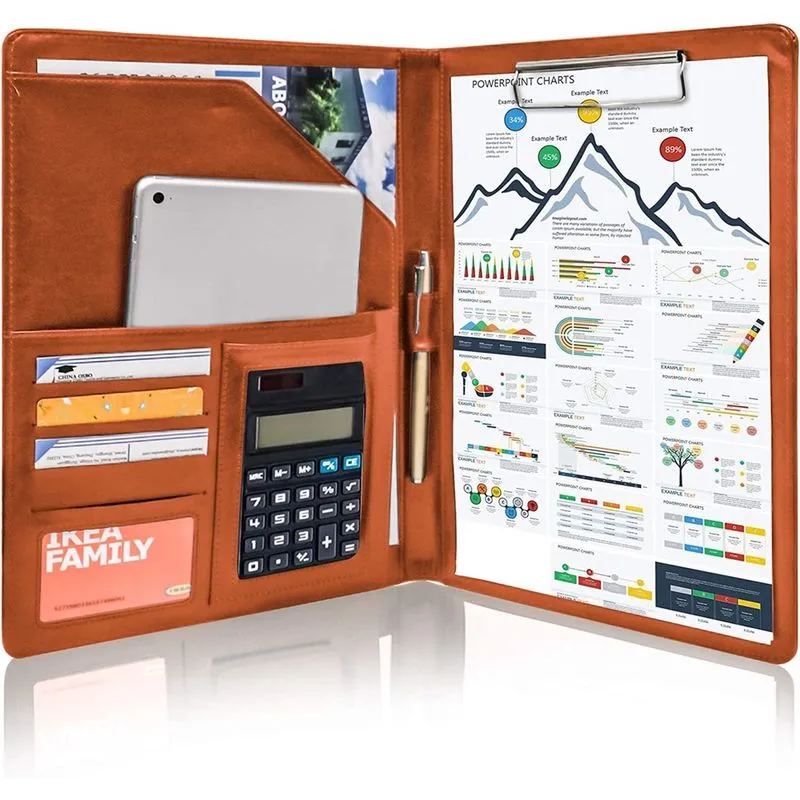 Portfólio de negócios Padfolio pu Leather Folder Entrevista Currículo Organizador de documentos legais com prancheta tamanho A4 marrom