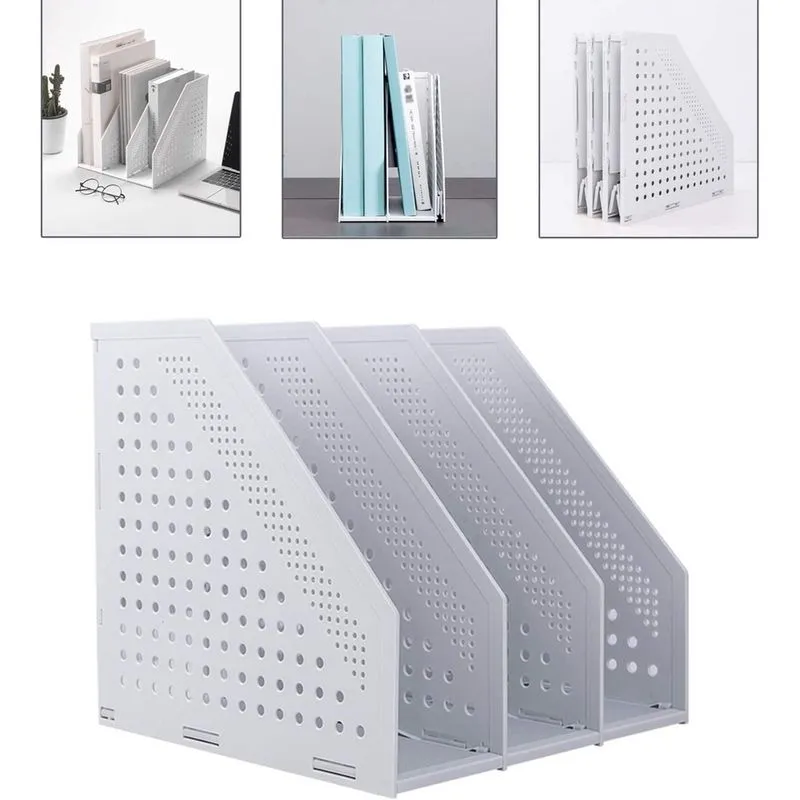 Suporte de arquivo de revista dobrável/organizador de mesa para organização e armazenamento de escritório com 3 compartimentos verticais