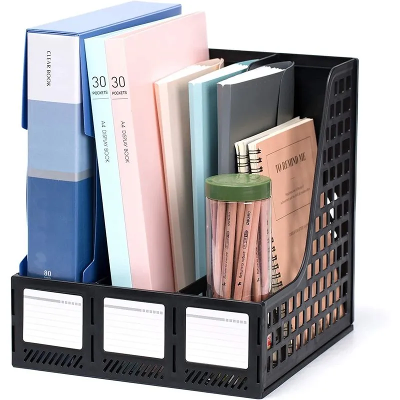 Suporte de arquivo de revista resistente, organizador de mesa, pasta de arquivo para organização e armazenamento de escritório com 3 compartimentos verticais, organizador de armazenamento de arquivos,