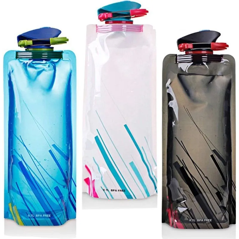 Conjunto de 3 garrafas de água dobráveis de 700 ml com certificados ce, rohs, garrafa de água reutilizável flexível dobrável flying we para caminhadas, aventuras, viagens,