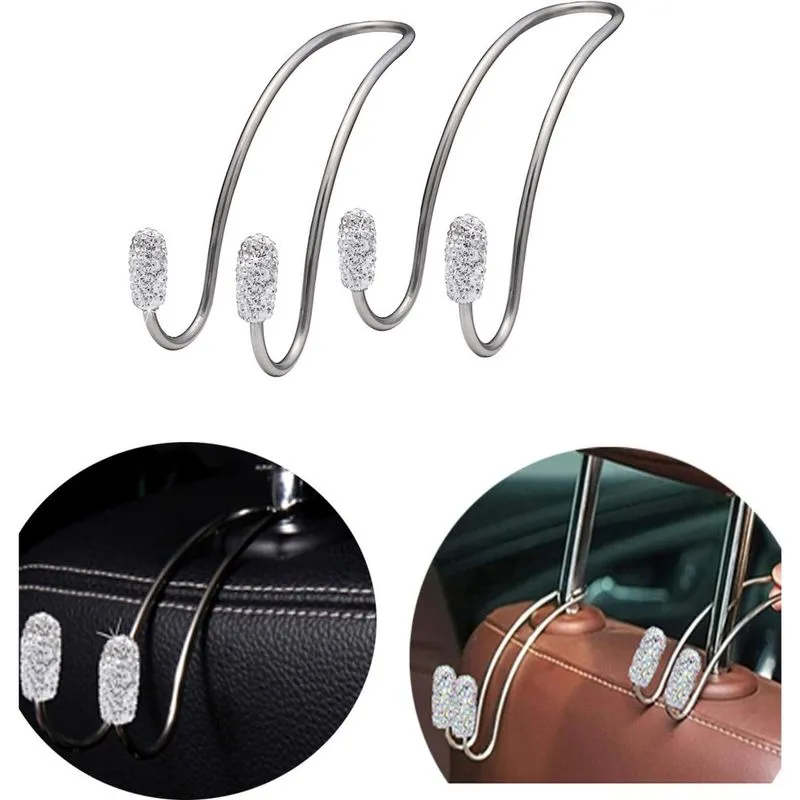 Ganchos de carro 2pcs Bling, ganchos de encosto de cabeça de carro universais Bling Diamond Organizador Ganchos de encosto de cabeça de assento, armazenamento de cabide de banco traseiro automático un