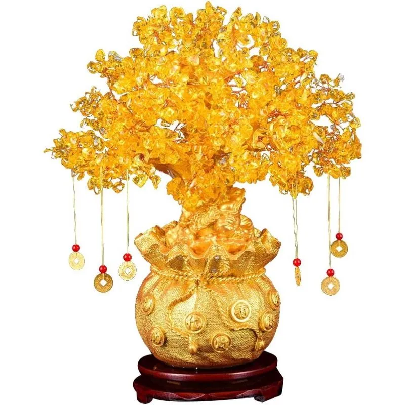 Árvore de dinheiro de cristal natural, árvore de bonsai citrino Feng Shui, sorte, fortuna, riqueza, moedas, estatueta de árvores artificiais, decoração de mesa com base para escritório doméstico