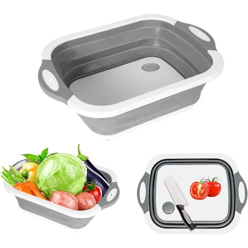 Tábua de corte dobrável, tábua dobrável com escorredor, banheira multifuncional de silicone para lavagem de vegetais de cozinha, cesta de armazenamento para preparação de churrasco, piquenique/acampam