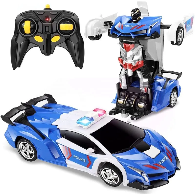 Carro de controle remoto, Transforme o carro rc do robô com deformação de um botão, 2.4Ghz 360 graus girando carros de brinquedo da polícia à deriva, 1:18 Transforming Robot Boys Toys