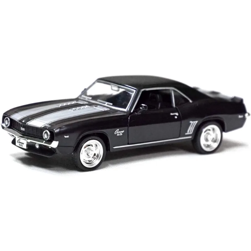 Carro metal fundido 1:32 tração corda, porta aberta e estilo supercarro (Camaro 1969 - Preto)