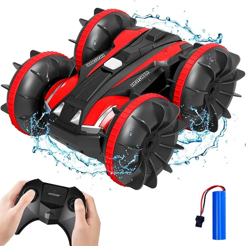Caminhão de barco de carro de controle remoto - 2.4GHz anfíbio 4WD Stunt rc Cars para crianças Presentes Brinquedos de piscina de água para 3 4 5 6 7 8 9 anos meninos meninas, vermelho