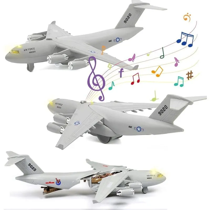 Avião de Metal com Som e Luzes, Modelo em Escala com Ação de Recuo, Brinquedo de Aniversário para Meninos, Caça Liga Cinza.