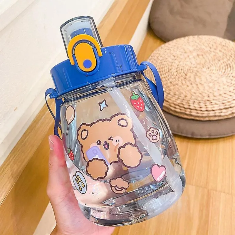 Garrafa de água infantil fofa para criança desenho animado grande capacidade linda menina coração grande barriga cinta de plástico