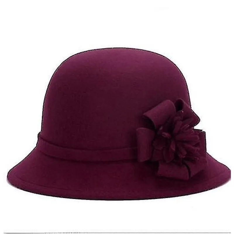 Chapéus outono e inverno senhoras vintage imitação lã flor chapéu vinho tinto