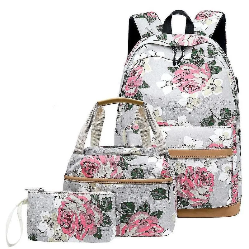 Mochilas mochila impressa de três peças mochila usb mochila estudante lona bolsa escolar cinza