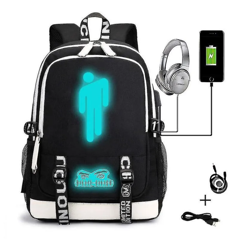 Mochilas billie eilish padrão usb mochila recarregável mochila escolar estudante mochila ao ar livre cor-2