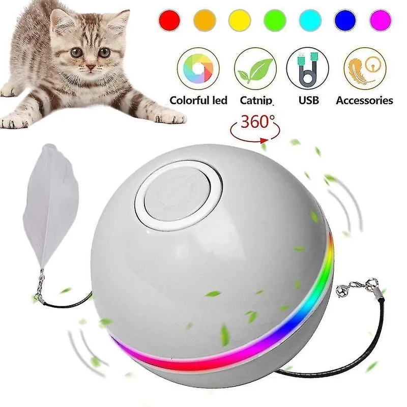Brinquedos para gatos bola de brinquedo de gato interativa inteligente bola giratória led colorida com pena de sino de erva-dos-gatos cinza