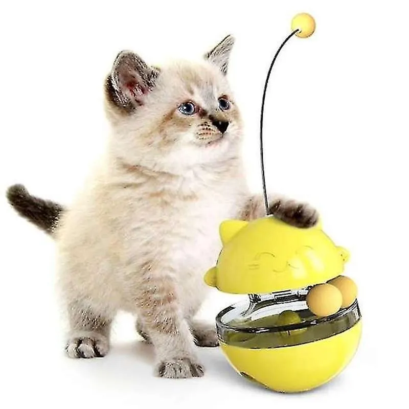 Brinquedos para gatos brinquedos para gatos bola de copo de gato interativa brinquedo vazando para animais de estimação com bolas rolantes duplas amarelas