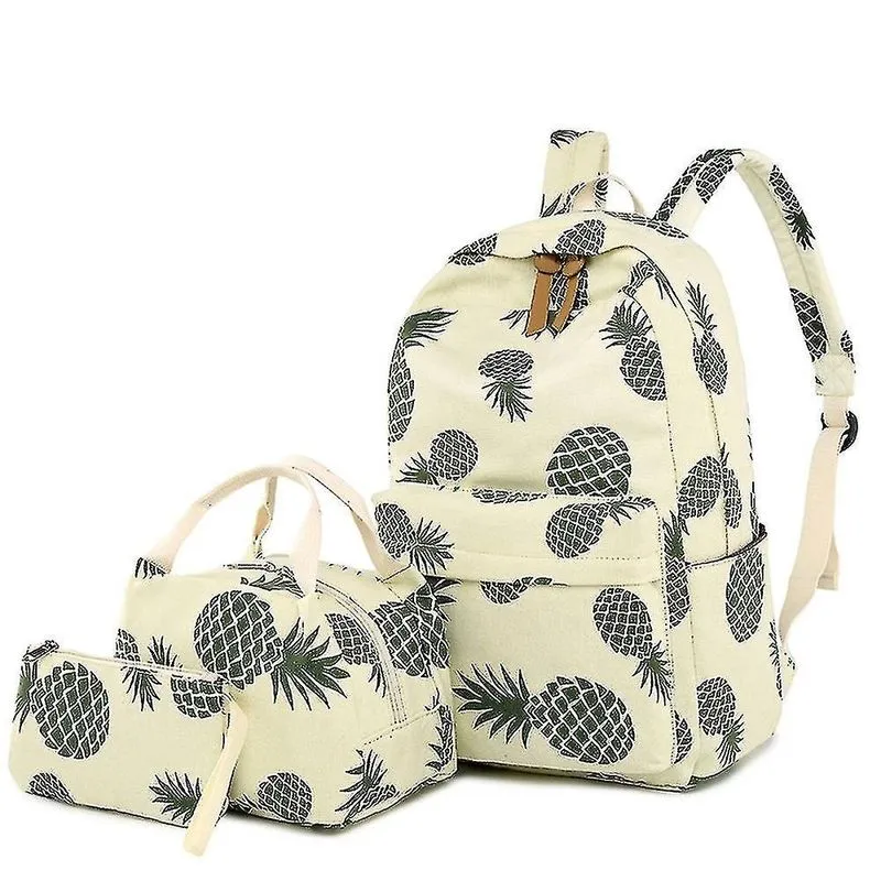 Mochilas mochila feminina bolsa escolar com estampa de lona de três peças para alunos do ensino fundamental e médio creme