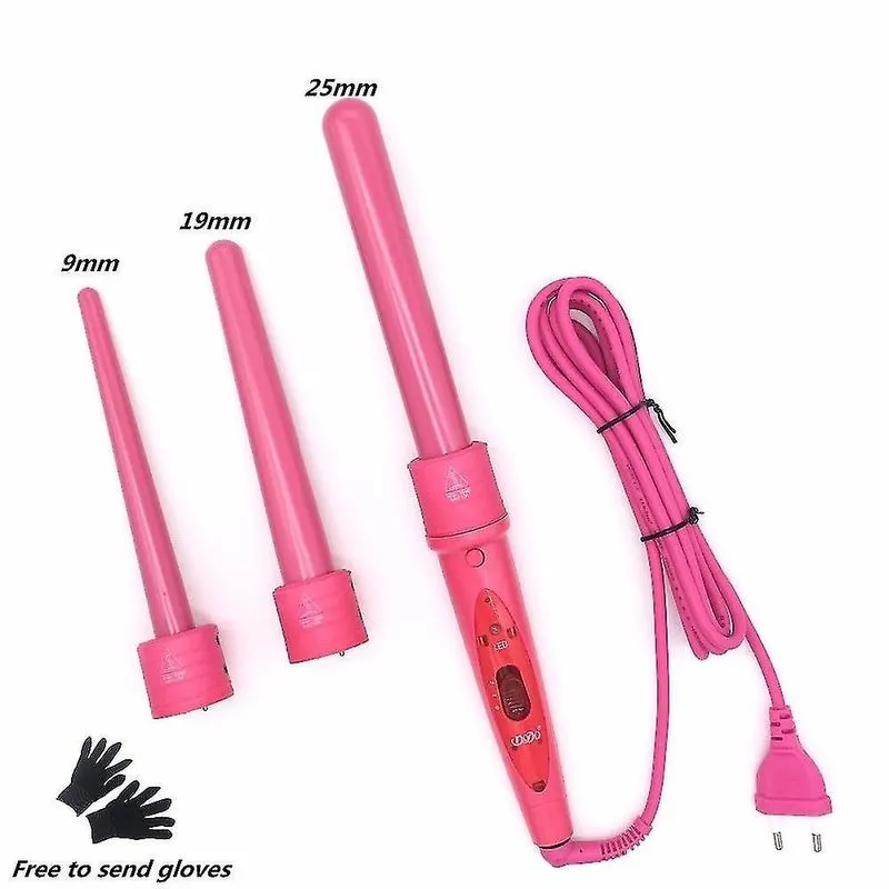 Ferros de frisar nova máquina de frisar de 3 peças conjunto de ferro de frisar de cerâmica ferro de frisar com clipe de luva rosa