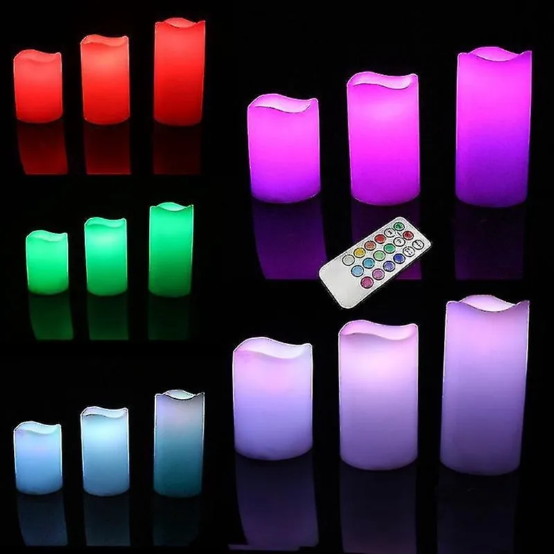 Velas 3 pack led piscando velas luzes controle remoto 12 cores lâmpada de borda de onda de cera sem chama