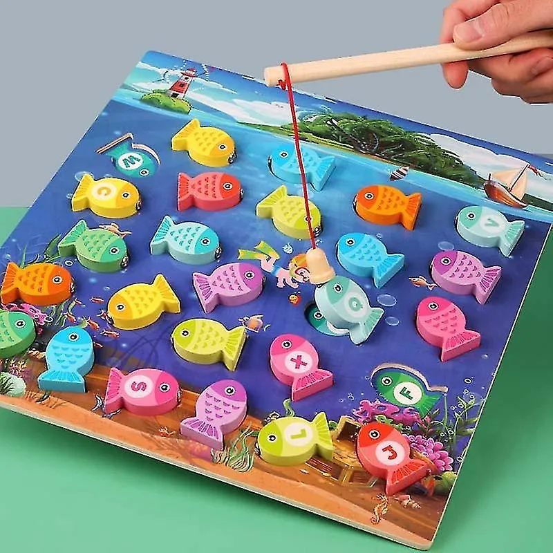 Jogo educativo de pesca em madeira com quebra-cabeça 3D e ímãs para crianças