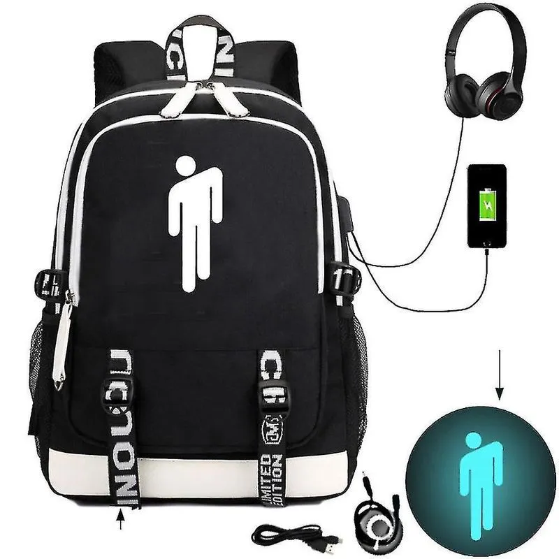 Mochilas billie eilish padrão usb mochila recarregável mochila escolar estudante mochila ao ar livre cor-1