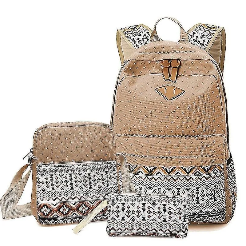 Mochilas mochila de lona mochila feminina casual estudante conjunto de três peças cáqui
