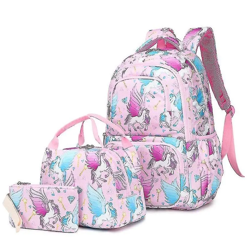 Mochila infantil de unicornio escolar com lunch box e estojo, cor rosa