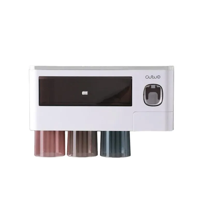 Suporte de escova de dentes montado na parede para banheiro, dispensador automático de pasta de dente com copos magnéticos e suportes para escovas de dentes familiares, rack de armazenamento e fácil d