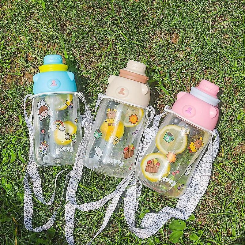Garrafa de água infantil fofa para criança desenho animado de grande capacidade bonito alça portátil de plástico transparente