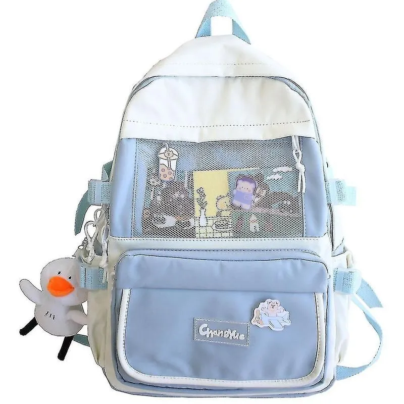 Mochilas estudante do ensino médio menina fofa mochila estilo universitário de grande capacidade azul
