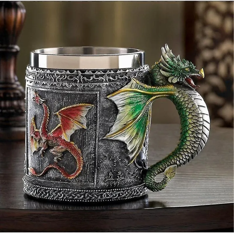 Conjuntos de utensílios de cozinha dragon 3d caneca de café cerveja 450ml copo de parede de aço inoxidável resina dragões copo de presente