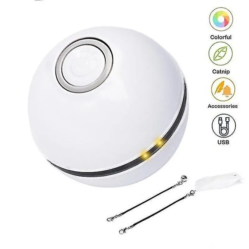 Brinquedos para gatos bola de brinquedo de gato interativa inteligente bola giratória led colorida com pena de sino de erva-dos-gatos branca