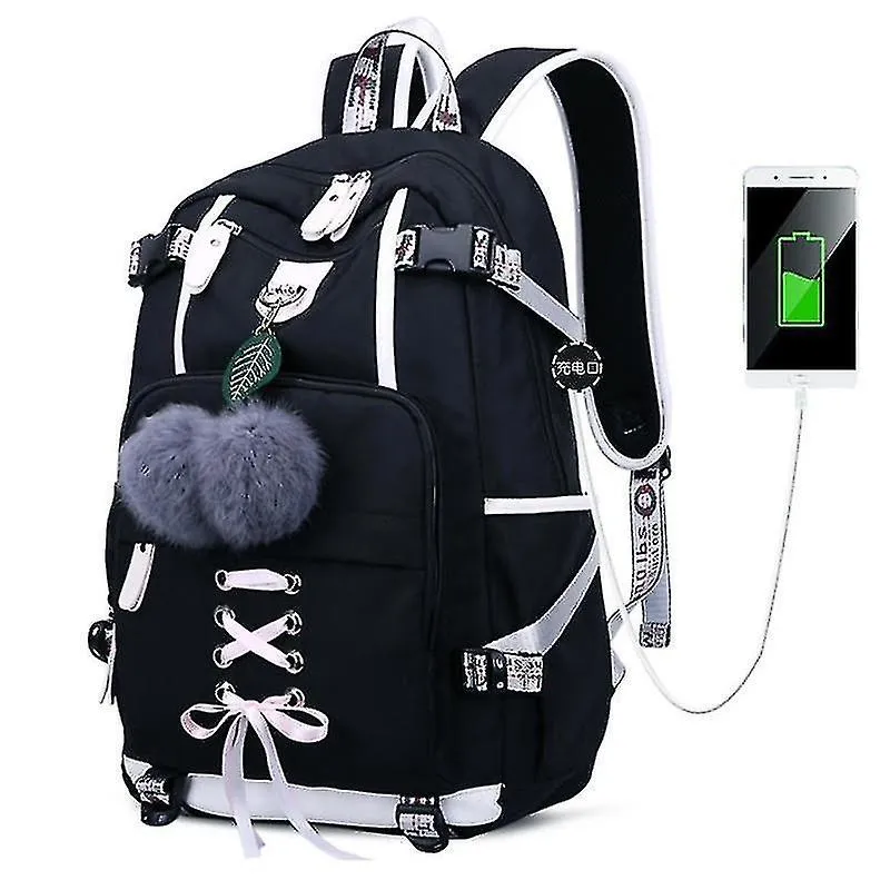 Mochilas mochila feminina casual para computador com porta de carregamento USB preta