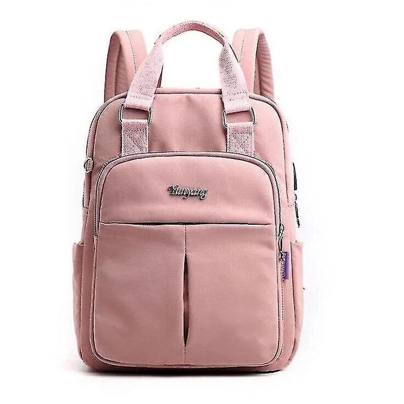 Mochilas femininas de nylon impermeável casual patchwork mochila com porta de carregamento usb para escola ao ar livre rosa claro