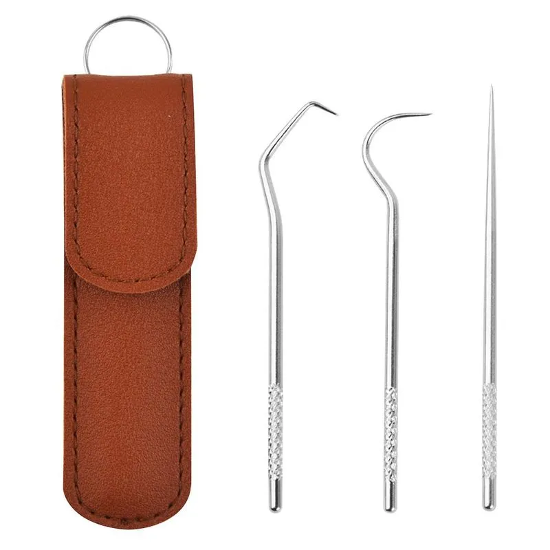 Kit de palitos de aço inoxidável de 3 unidades/conjunto, ferramentas de limpeza de dentes premium, conjunto de palitos de dente reutilizáveis, chaveiro de bolso porta-palitos de metal portátil para