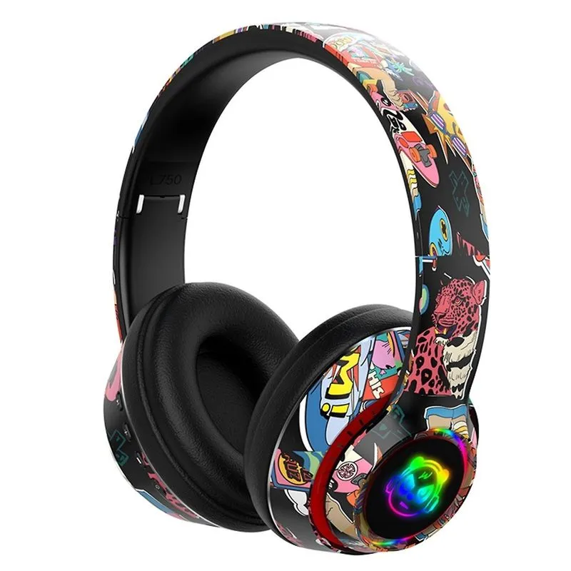 Fone de ouvido sem fio Bluetooth Cool Graffiti LED iluminado para jogos para crianças, adolescentes, adultos, fones de ouvido com microfone embutido, compatível com iOS e um