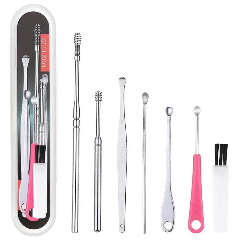 Kit portátil de remoção de cera de ouvido, ferramenta de limpeza de cera de ouvido de aço inoxidável de 7 peças