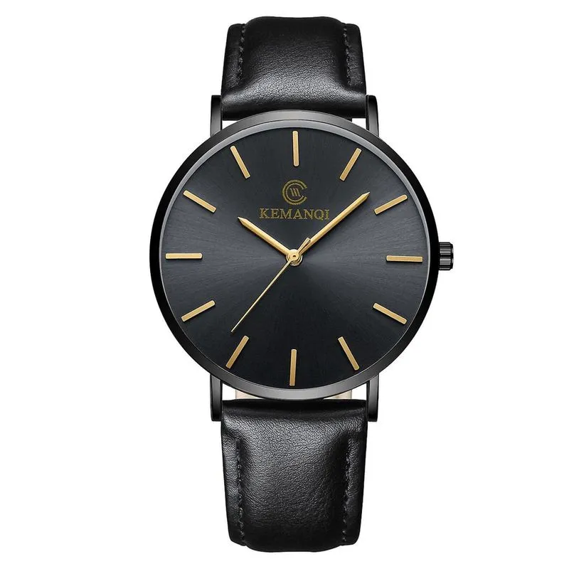 Relógio masculino moderno ultra fino minimalista pulseira de couro fino quartzo de aço inoxidável