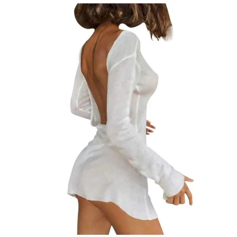 Vestido feminino sexy em volta do pescoço manga comprida aberta mochila quadril slim