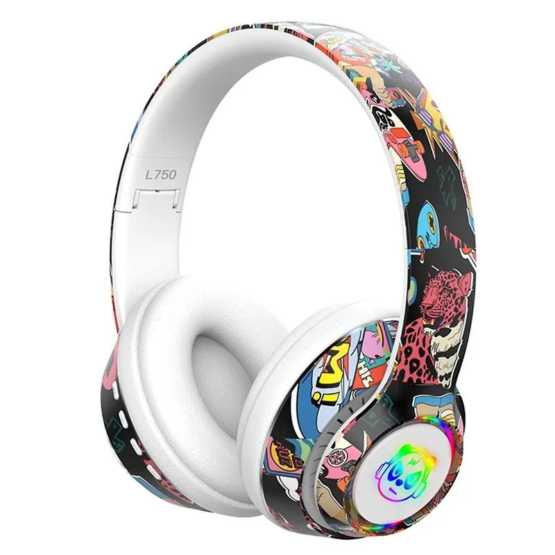Fone de ouvido sem fio Bluetooth Cool Graffiti LED iluminado para jogos para crianças, adolescentes, adultos, fones de ouvido com microfone embutido, compatível com iOS e um