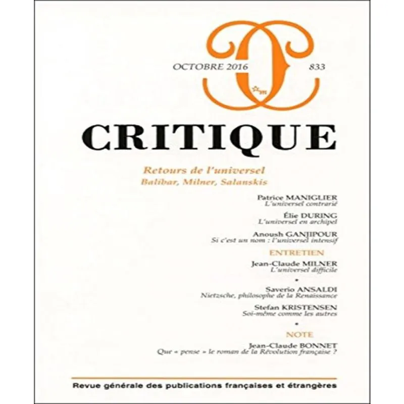Critique, No 833 Retours De Luniversel: Balibar, Milner, Salanskis