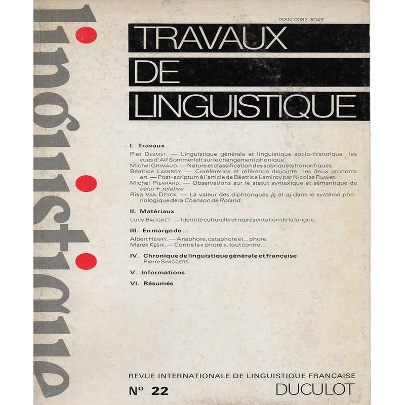 Travaux De Linguistique No 22