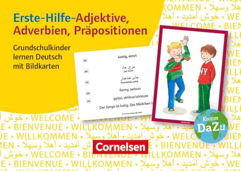 Erste-Hilfe-Adjektive, Adverbien, Präpositionen. Grundschulkinder lernen Deutsch mit Bildkarten