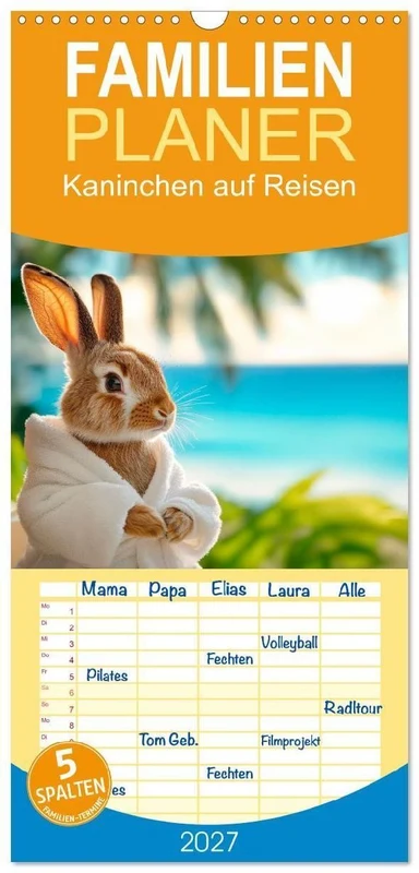 Familienplaner 2027 - Kaninchen auf Reisen mit 5 Spalten (Wandkalender, 21 x 45 cm) CALVENDO