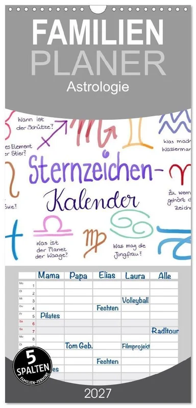 Familienplaner 2027 - Sternzeichen-Kalender mit 5 Spalten (Wandkalender, 21 x 45 cm) CALVENDO