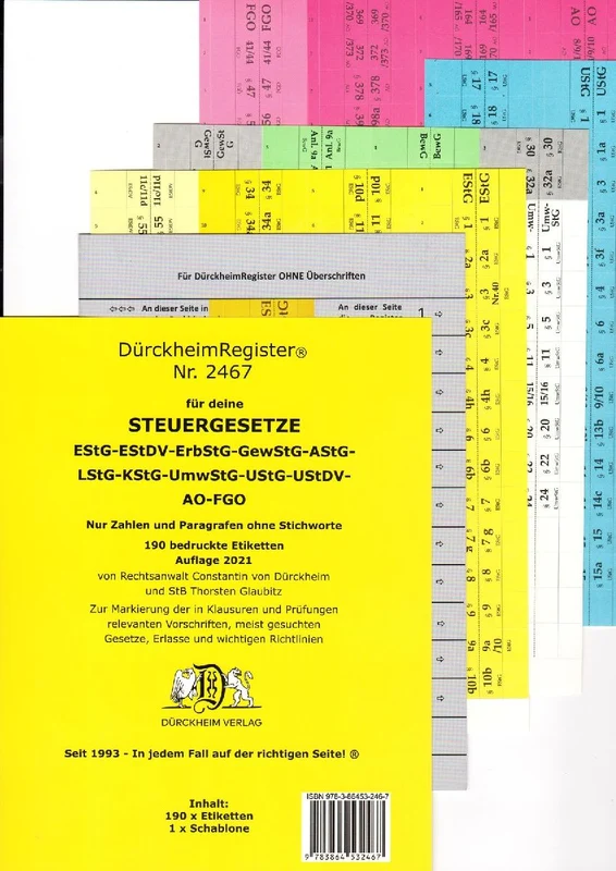 DürckheimRegister® Steuergesetze EStG-EStDV-Erb-StG-GewStG-AStG-LStG-KStG-UmwStG-UStF-UStDV-AO-FGO