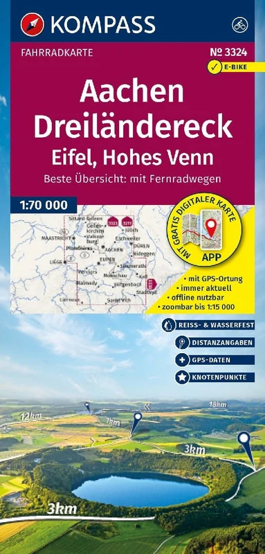 KOMPASS Fahrradkarte 3324 Aachen, Dreiländereck, Eifel, Hohes Venn mit Knotenpunkten 1:70.000